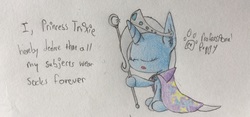 Size: 3501x1640 | Tagged: safe, artist:professionalpuppy, trixie, pony, unicorn, g4, cape, clothes, dialogue, eyes closed, female, hoof hold, jewelry, mare, princess, royal decree, simple background, sitting, socks, solo, staff, tiara, trixie's cape, white background