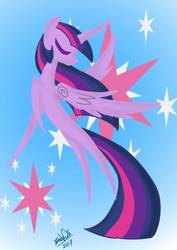 Size: 1000x1414 | Tagged: safe, artist:emositecc, twilight sparkle, alicorn, pony, g4, cutie mark background, eyes closed, female, looking back, mare, pointy ponies, signature, solo, spread wings, twilight sparkle (alicorn), wings