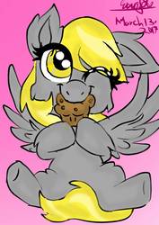 Size: 1000x1414 | Tagged: safe, artist:emositecc, derpy hooves, pegasus, pony, g4, cheek fluff, ear fluff, female, filly, fluffy, food, gradient background, muffin, nom, one eye closed, signature, sitting, solo, spread wings, wings