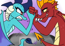 Size: 1414x1000 | Tagged: safe, artist:emositecc, garble, princess ember, dragon, g4, arm wrestling, duo, female, glare, male, ship:emble, shipping, smiling, smirk, straight