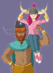 Size: 900x1228 | Tagged: safe, artist:nolycs, pinkie pie, prince rutherford, human, g4, not asking for trouble, abs, clothes, converse, duo, flexing, helmet, honorary yak horns, horned helmet, humanized, looking at you, muscles, shoes, size difference, smiling, sneakers, viking helmet