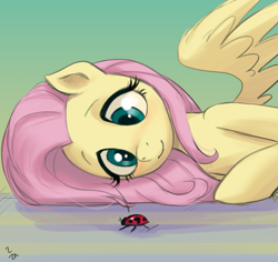 Size: 831x784 | Tagged: safe, artist:ehfa, fluttershy, insect, ladybug, pegasus, pony, g4, blushing, cute, female, looking at something, lying down, mare, on side, shyabetes, smiling, solo, spread wings, wings