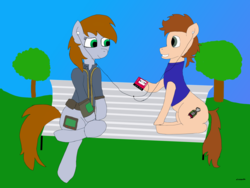 Size: 4032x3024 | Tagged: safe, artist:alviniscute, oc, oc only, oc:harrison, oc:littlepip, pony, unicorn, fallout equestria, bench, clothes, duo, fanfic, fanfic art, female, headphones, high res, horn, jumpsuit, male, mare, park, pipbuck, sharing headphones, stallion, tree, vault suit