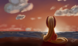 Size: 2927x1751 | Tagged: safe, artist:tg1117, applejack, earth pony, pony, g4, female, loose hair, mare, missing accessory, ocean, sitting, solo, sunset, twilight (astronomy)