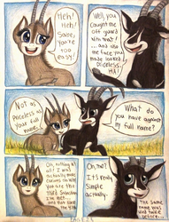 Size: 1080x1412 | Tagged: safe, artist:thefriendlyelephant, oc, oc only, oc:sabe, oc:uganda, antelope, giant sable antelope, comic:sable story, animal in mlp form, cloven hooves, comic, dialogue, horns, speech bubble, traditional art