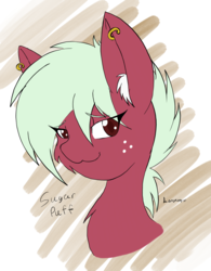 Size: 2866x3668 | Tagged: safe, artist:steelsoul, oc, oc only, oc:sugar puff, pony, abstract background, bust, cheek fluff, ear fluff, ear piercing, earring, female, freckles, high res, jewelry, mare, piercing, portrait, solo