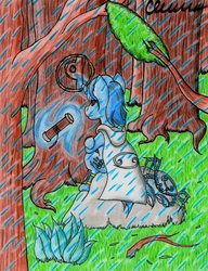 Size: 1024x1333 | Tagged: safe, artist:the1king, oc, oc only, crab, pony, broken horn, cancer (horoscope), cloak, clothes, forest, horn, rain, sitting, solo