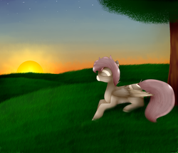 Size: 1393x1200 | Tagged: safe, artist:kawurin, oc, oc only, oc:hawk, pegasus, pony, prone, solo, sunrise, tree