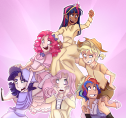 Size: 1045x978 | Tagged: safe, artist:katarinacipcic, applejack, fluttershy, pinkie pie, rainbow dash, rarity, twilight sparkle, alicorn, human, g4, big crown thingy, clothes, crown, dark skin, female, humanized, jewelry, mane six, open mouth, regalia, twilight sparkle (alicorn)