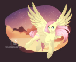 Size: 3900x3190 | Tagged: safe, artist:hfinder, fluttershy, pegasus, pony, g4, female, flying, high res, looking at you, mare, sky, solo, spread wings, turned head, wings