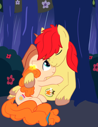 Size: 1916x2486 | Tagged: dead source, safe, artist:tanmansmantan, bright mac, pear butter, earth pony, pony, g4, the perfect pear, cuddling, cute, duo, female, male, mare, ship:brightbutter, shipping, stallion, straight