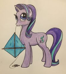 Size: 1024x1153 | Tagged: safe, artist:bubbleyfisheyo3o, starlight glimmer, pony, unicorn, g4, female, kite, mouth hold, solo, traditional art