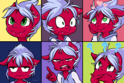 Size: 2400x1600 | Tagged: safe, artist:talimingi, oc, oc only, oc:melon frost, anthro, angry, annoyed, clothes, cute, emotes, freckles, happy, hoodie, in love, piercing, scared, thinking