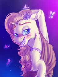 Size: 768x1024 | Tagged: safe, artist:sandutita, fluttershy, butterfly, pony, g4, armpits, bedroom eyes, bipedal, blushing, clothes, dress, female, floppy ears, flower, flower in hair, looking at you, off shoulder, smiling, solo, sultry pose, turned head