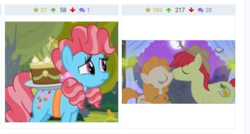 Size: 644x345 | Tagged: safe, edit, edited screencap, screencap, bright mac, cup cake, pear butter, pony, derpibooru, g4, the perfect pear, cake, chiffon swirl, female, food, implied buttercake, implied lesbian, implied shipping, juxtaposition, juxtaposition win, male, meme, meta, ship:brightbutter, shipping, straight, younger