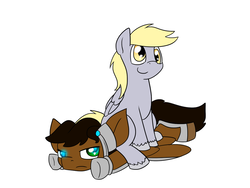 Size: 1024x768 | Tagged: safe, artist:usagi-zakura, derpy hooves, oc, oc:mister clever, pegasus, pony, g4, doctor who, eleventh doctor, female, mare, simple background, sitting, sitting on pony, white background