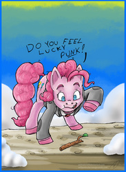 Size: 750x1022 | Tagged: safe, artist:animatorwil, pinkie pie, earth pony, pony, g4, not asking for trouble, clothes, dirty harry, female, solo, twig