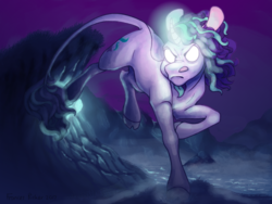 Size: 1024x768 | Tagged: safe, artist:arianell, starlight glimmer, classical unicorn, pony, unicorn, g4, cloven hooves, female, glowing eyes, glowing horn, horn, leonine tail, nose wrinkle, solo, unshorn fetlocks