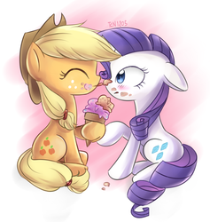 Size: 1360x1435 | Tagged: source needed, safe, artist:tcn1205, applejack, rarity, earth pony, pony, unicorn, g4, blushing, cute, eyes closed, female, food, ice cream, lesbian, licking, mare, ship:rarijack, shipping, simple background, tongue out