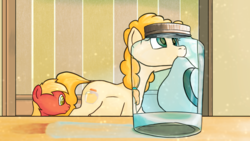 Size: 2870x1614 | Tagged: safe, artist:aaronmk, big macintosh, pear butter, earth pony, pony, g4, the perfect pear, hat, jar, mouth hold, pregnant, sun hat, younger