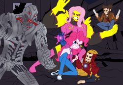 Size: 3595x2470 | Tagged: safe, artist:edcom02, artist:jmkplover, fluttershy, pinkie pie, human, robot, equestria girls, g4, angry, antagonist, avengers, avengers: age of ultron, belt, blue eyes, bone spike projection, clothes, converse, crossover, equestria girls-ified, female, fight, flutterhulk, furious, glowing eyes, glowing mouth, green eyes, gritted teeth, hazel eyes, high res, iron man, iron suit, jacket, james howlett, jeans, logan, machine, marvel, muscles, muscular female, pants, red eyes, shoes, sneakers, tears of anger, tony stark, ultron, wolverine
