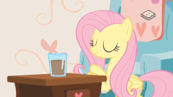 Size: 890x500 | Tagged: safe, edit, edited screencap, screencap, fluttershy, pony, discordant harmony, g4, animated, bad pony, behaving like a cat, bipedal, bipedal leaning, boomerang (tv channel), chocolate, chocolate milk, cute, dreamworks face, everything is ruined, excited, female, folded wings, gif, glass, hooves on cheeks, leaning, mare, meme, milk, pure unfiltered evil, pushing, shyabetes, solo, spilled milk, wings