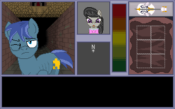 Size: 640x400 | Tagged: safe, artist:herooftime1000, octavia melody, oc, oc:puzzle piece, earth pony, pony, octavia in the underworld's cello, g4, bags under eyes, cello, dungeon, fan game, maze, musical instrument, pixel art, starvation
