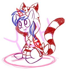 Size: 488x523 | Tagged: safe, artist:x-blackpearl-x, pegasus, pony, unicorn, animal costume, cat costume, clothes, costume, sitting, smiling, your character here