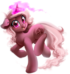 Size: 1570x1650 | Tagged: safe, artist:meotashie, oc, oc only, oc:crona, pony, unicorn, commission, female, glowing horn, horn, magic, mare, simple background, smiling, solo, transparent background