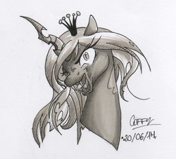 Size: 1077x978 | Tagged: safe, artist:coffytacotuesday, queen chrysalis, changeling, changeling queen, g4, bust, crown, female, jewelry, monochrome, portrait, regalia, solo, traditional art