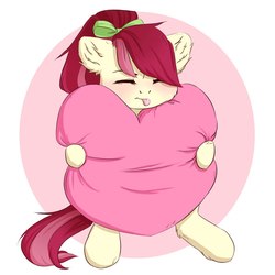 Size: 1000x1000 | Tagged: safe, artist:haru_s, roseluck, earth pony, pony, g4, bow, commissioner:doom9454, cute, ear fluff, eyes closed, female, fluffy, hair bow, heart, heart pillow, mare, pillow, ponytail, sitting, solo, tongue out