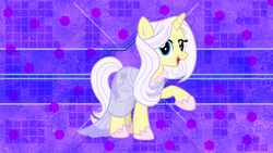Size: 1920x1080 | Tagged: safe, artist:cloudyskie, artist:laszlvfx, edit, lily lace, pony, unicorn, g4, honest apple, clothes, dress, female, looking at you, mare, raised hoof, smiling, solo, vector, wallpaper, wallpaper edit