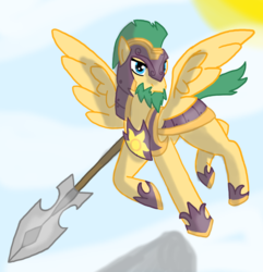 Size: 1024x1063 | Tagged: safe, artist:zeroviks, oc, oc only, oc:stalwart sentry, pegasus, pony, fanfic:the bridge, crossover, day, looking at you, male, pegasus oc, sky, solo, spear, stallion, sun, weapon, wings