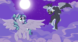 Size: 3377x1822 | Tagged: safe, artist:gypsycharm, oc, oc only, oc:midnight blaze, oc:moonbeam glimmer, pegasus, pony, fanfic:the bridge, beamzilla, duo, female, flying, male, mare, mother and son, parent:godzilla junior, parent:oc:moonbeam glimmer, parents:beamzilla, stallion