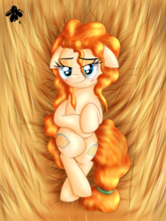 Size: 2400x3200 | Tagged: safe, artist:katakiuchi4u, pear butter, earth pony, pony, g4, the perfect pear, bedroom eyes, both cutie marks, female, floppy ears, high res, looking at you, mare, smiling, solo