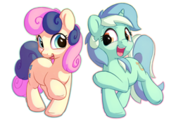 Size: 1100x770 | Tagged: safe, artist:bobdude0, bon bon, lyra heartstrings, sweetie drops, earth pony, pony, unicorn, g4, adorabon, cute, duo, female, lyrabetes, mare, open mouth, raised hoof, simple background, smiling, transparent background