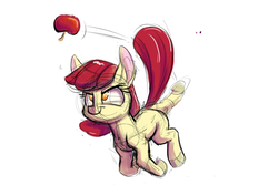 Size: 1280x853 | Tagged: safe, artist:heir-of-rick, apple bloom, earth pony, pony, g4, apple, female, food, kicking, missing accessory, solo