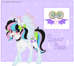 Size: 1095x973 | Tagged: safe, artist:frostedpuffs, oc, oc only, oc:sour kiss, bat pony, pony, choker, female, mare, reference sheet, solo, spiked choker