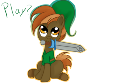 Size: 2874x1941 | Tagged: safe, artist:silversthreads, button mash, earth pony, pony, g4, :3, :i, boots, buttonbetes, clothes, colt, crossover, cute, dialogue, foal, hat, link, looking up, male, mouth hold, nom, shoes, simple background, sitting, smiling, solo, sword, text, the legend of zelda, the legend of zelda: ocarina of time, transparent background, weapon