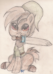Size: 1382x1939 | Tagged: safe, artist:silversthreads, button mash, pony, g4, buttonbetes, clothes, colored pencil drawing, colored sketch, colt, crossover, cute, foal, male, sketch, solo, sword, the legend of zelda, the legend of zelda: ocarina of time, traditional art, weapon