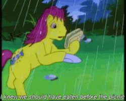 Size: 450x360 | Tagged: safe, screencap, bon bon (g1), earth pony, pony, g1, gribet, my little pony tales, animated, bipedal, eating, female, food, gif, mare, rain, running, solo, subtitles