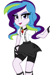 Size: 601x897 | Tagged: dead source, safe, artist:wubcakeva, oc, oc only, oc:muse, siren, equestria girls, g4, clothes, compression shorts, female, jewelry, looking at you, miniskirt, pendant, simple background, skirt, smiling, solo
