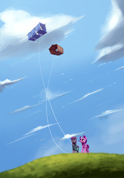 Size: 1090x1567 | Tagged: safe, artist:insanerobocat, maud pie, starlight glimmer, earth pony, pony, unicorn, g4, rock solid friendship, cloud, duo, female, glowing horn, grass, horn, kite, looking up, magic, mare, scenery, sky, smiling