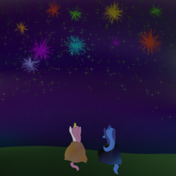 Size: 6000x6000 | Tagged: safe, artist:flamelight-dash, princess celestia, princess luna, pony, g4, absurd resolution, female, filly, fireworks, night, woona, younger