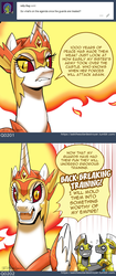 Size: 750x1784 | Tagged: safe, artist:johnjoseco, daybreaker, alicorn, pony, unicorn, ask the solar destroyer, a royal problem, g4, angry, ask, dialogue, fangs, fire, open mouth, royal guard, speech bubble, tumblr