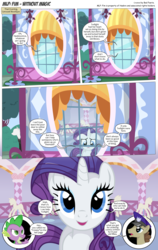 Size: 3300x5220 | Tagged: safe, artist:thebadfaerie, opalescence, parcel post, post haste, rarity, spike, dragon, earth pony, pony, unicorn, comic:without magic, g4, absurd resolution, carousel boutique, comic, offscreen character, slendermane