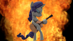 Size: 1920x1080 | Tagged: safe, artist:ghostoftime1, rarity, pony, g4, honest apple, 3d, female, fire, guitar, guitarity, musical instrument, scene interpretation, solo, source filmmaker