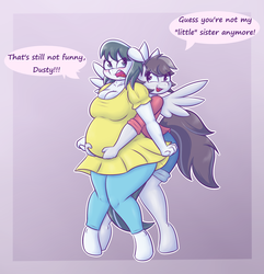 Size: 2365x2451 | Tagged: safe, artist:funble, oc, oc only, oc:silver dust, oc:silver streak, anthro, unguligrade anthro, anthro oc, belly, blushing, clothes, female, high res, hug, mare, pregnant, sisters