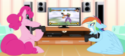 Size: 1024x463 | Tagged: safe, artist:petalierre, pinkie pie, rainbow dash, pony, g4, controller, dragon ball, dragon ball z, gamer dash, gamer pinkie, gamerdash, male, piccolo (dragon ball), son goku, video game