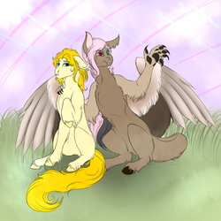 Size: 988x988 | Tagged: safe, artist:cookiemoonloo, oc, oc only, oc:golden harvest, oc:infinita sakura, draconequus, earth pony, hybrid, pony, female, half-siblings, interspecies offspring, magical lesbian spawn, mare, offspring, parent:applejack, parent:discord, parent:fluttershy, parents:appleshy, parents:discoshy